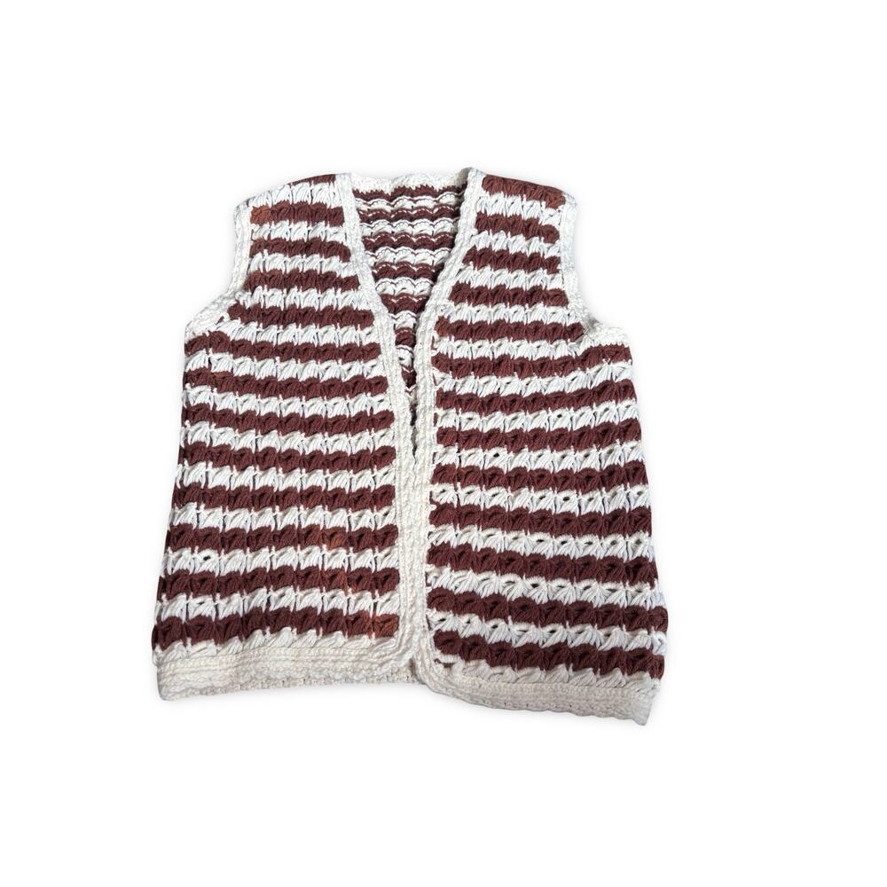 Vintage Handmade Crochet Vest Brown Cream Striped Chunky Knit Boho Layer Cozy